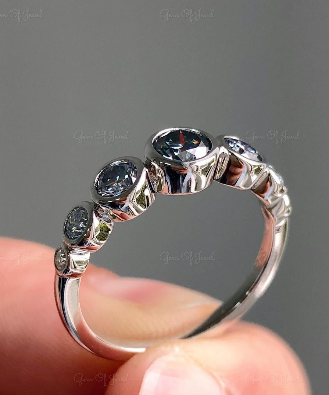 Round Cut Gray Moissanite Diamond Bezel Ring, Gray Diamond Round Cut Ring, Gray Diamond Ring, Grey Moissanite Diamond Band, Gray Moissanite