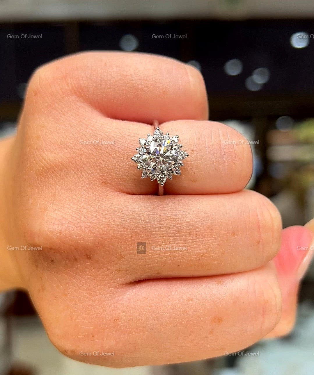 Round Moissanite Diamond 2CT Diamond With Flower Shape Halo of Round Moissanite Engagement Ring For Her ,Moissanite Ring For her, Round Ring