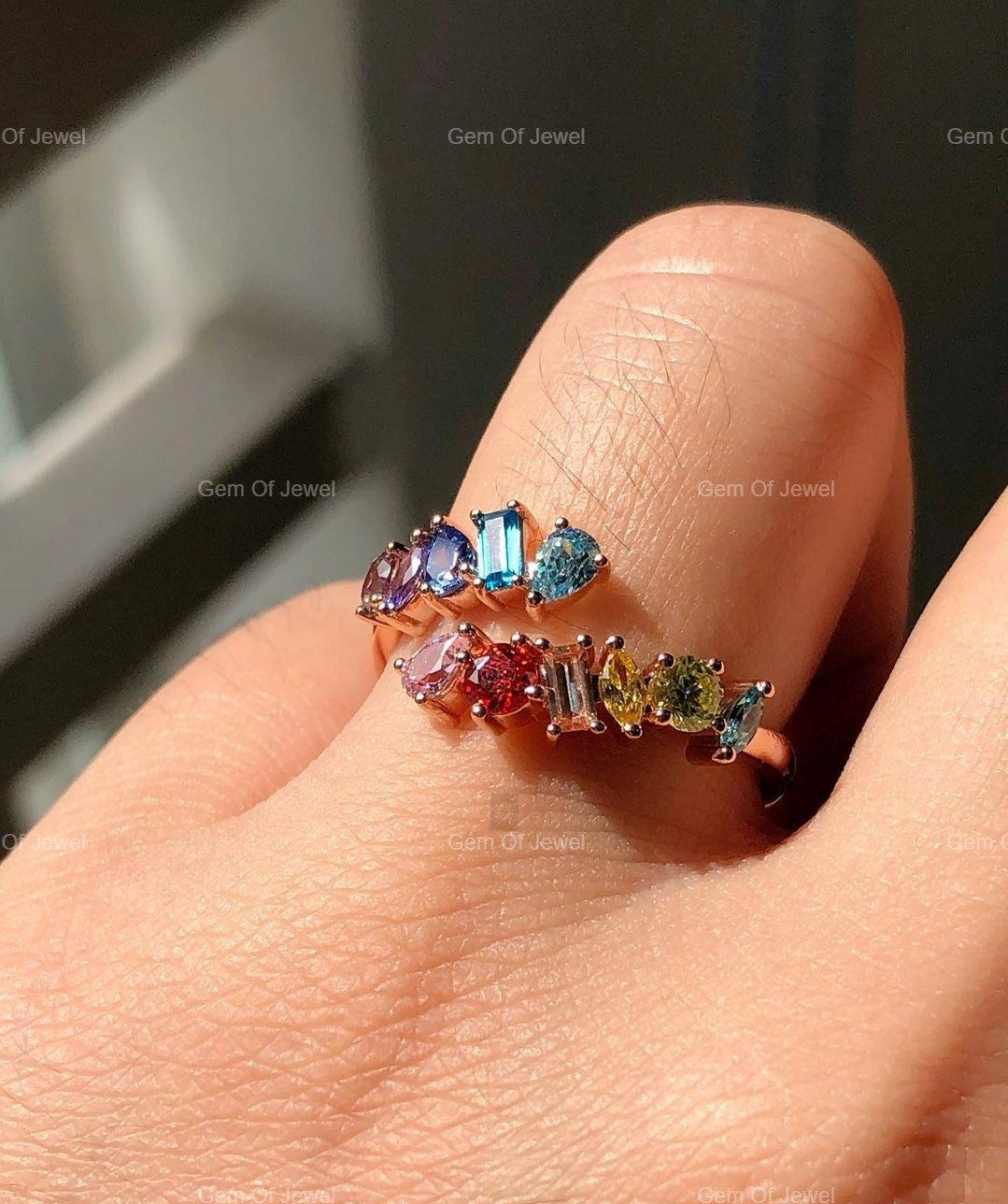 Rainbow Diamond Wedding Ring, Multi Shape Lab Diamond Rainbow