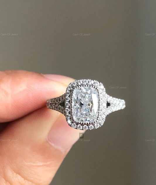 Cushion Moissanite Diamond Ring, Elongated Cushion Diamond Petal Basket Setting With Split Shank Band Tulip Prong Setting Cushion Ring