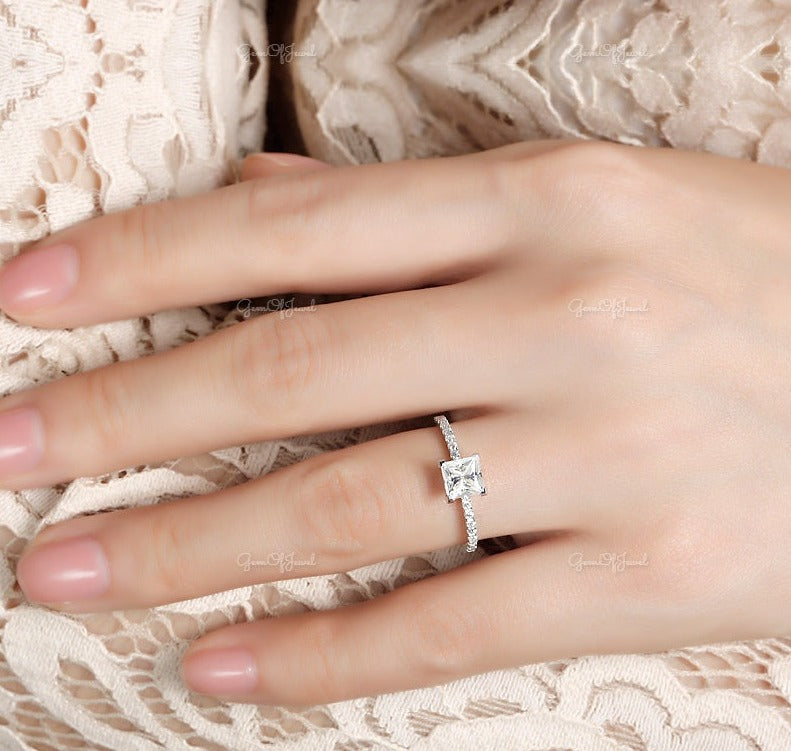 1 CT Princess Cut Moissanite Diamond Engagement Ring With Round Moissanite Eternity Band , Engagement Ring For Her, Princess Ring For her