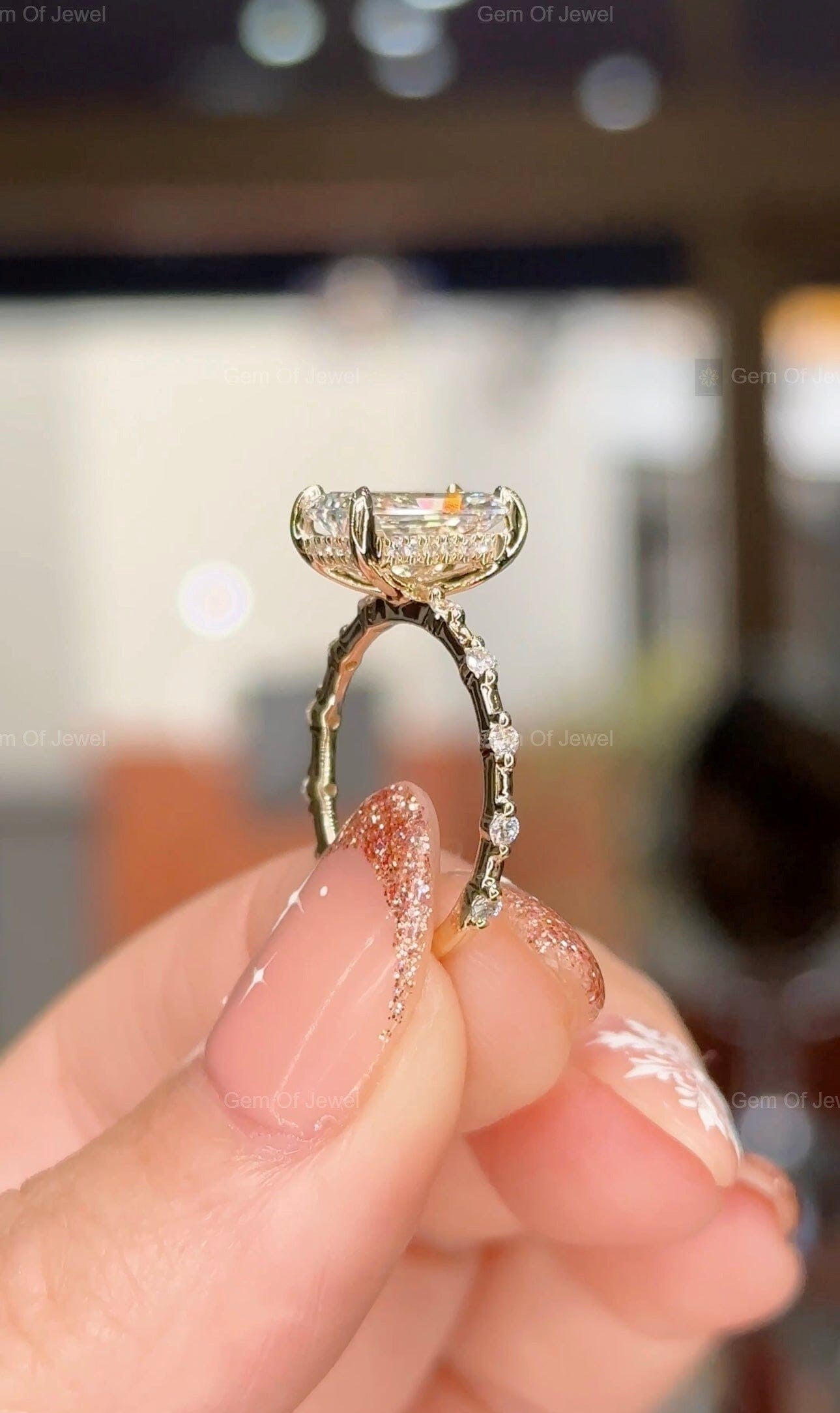2.5CT Radiant Moissanite Diamond Ring With Round Moissanite Diamond Band Solid Gold Ring, Radiant Moissanite Diamond Engagement Ring For Her