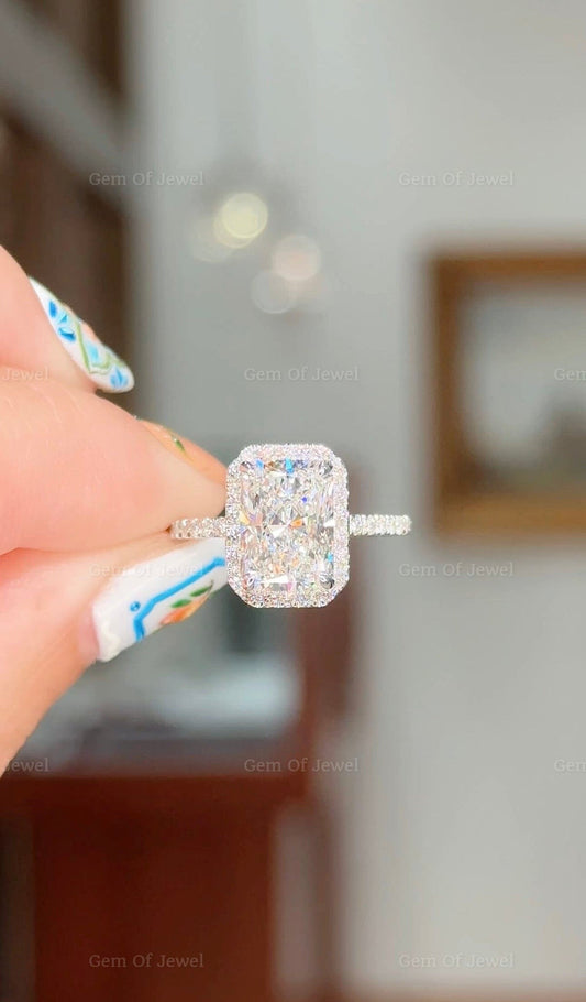 3CT Radiant Moissanite Diamond With Halo Of Round Moissanite Diamond And Diamonds Prong Solid Gold Ring, 3CT Radiant Moissanite Diamond Ring