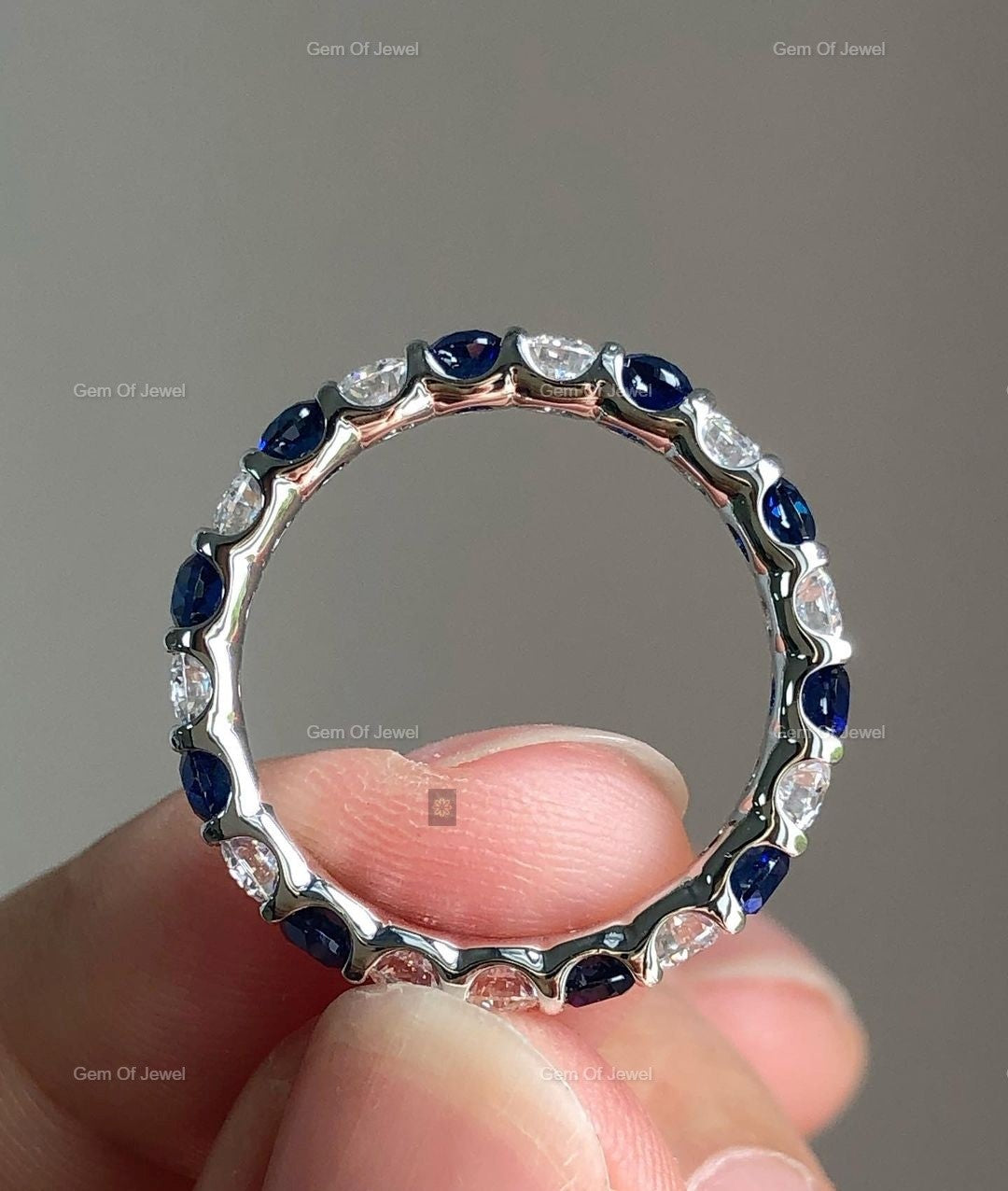 Round Moissanite Diamond Full Eternity Bubble Band With Blue Sapphire Lab Diamond Wedding Matching Band, Blue Sapphire Diamond Band For Her