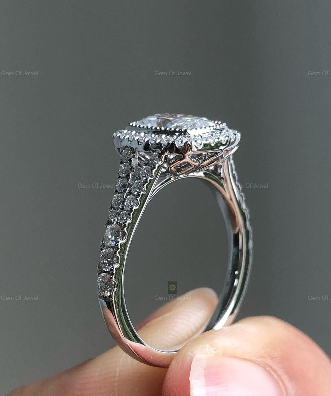 Cushion Moissanite Diamond Ring, Elongated Cushion Diamond Petal Basket Setting With Split Shank Band Tulip Prong Setting Cushion Ring