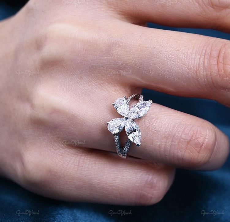 Marquise Moissanite Diamond And Pear Moissanite Diamond Butterfly Shape Engagement Ring, Butterfly Shape Diamond Ring With