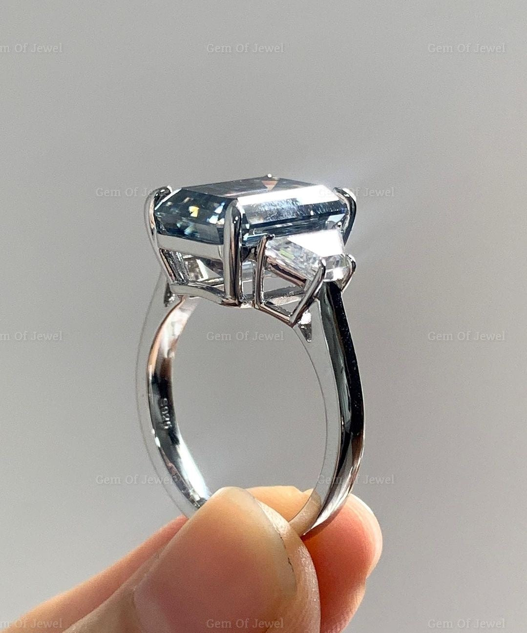 Grey Emerald Moissanite Diamond With Side Trapezoid Three Stone Moissanite Engagement Ring, Gray Moissanite Diamond Ring, Grey 3 Stone Ring