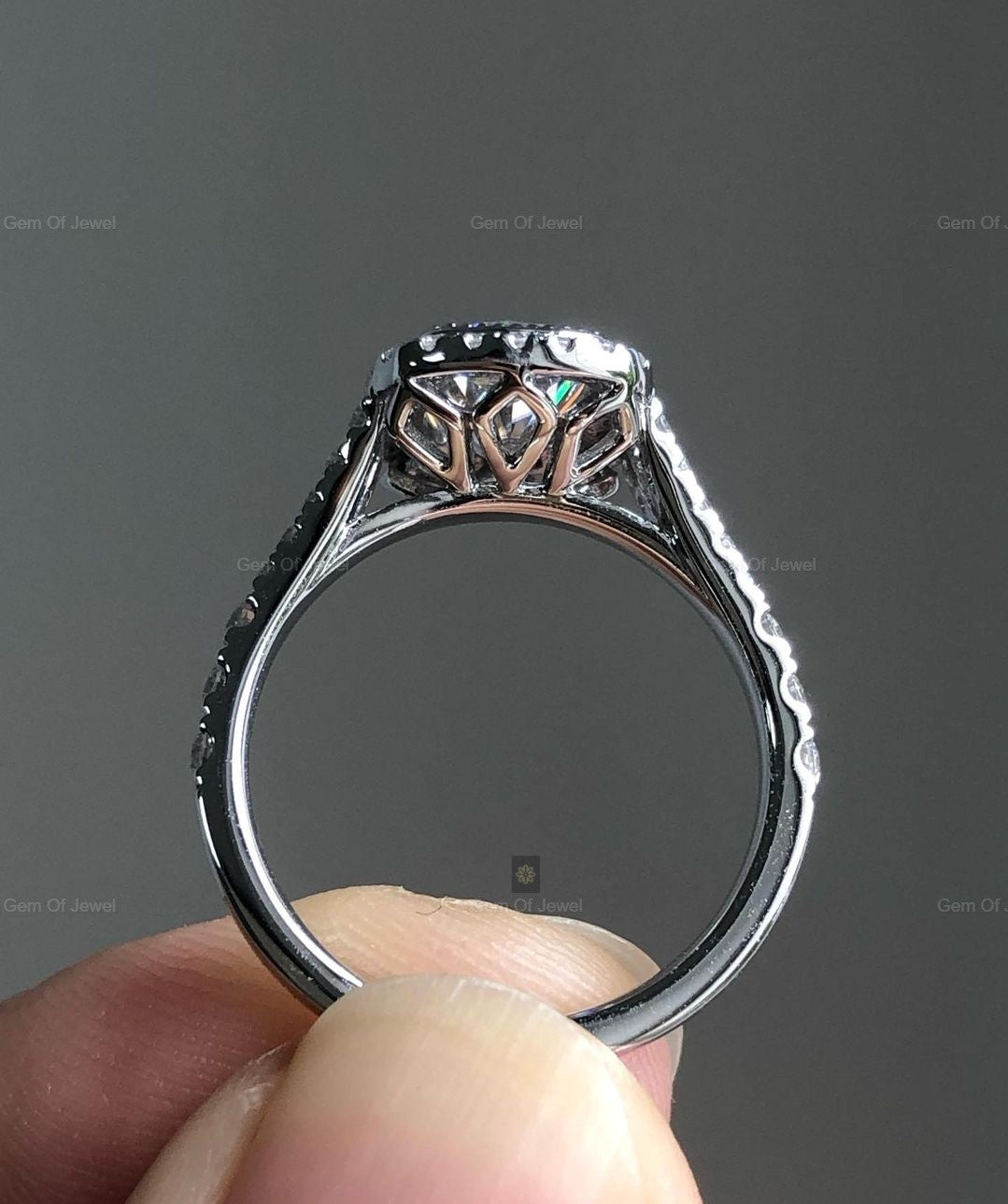 Cushion Moissanite Diamond Ring, Elongated Cushion Diamond Petal Basket Setting With Split Shank Band Tulip Prong Setting Cushion Ring