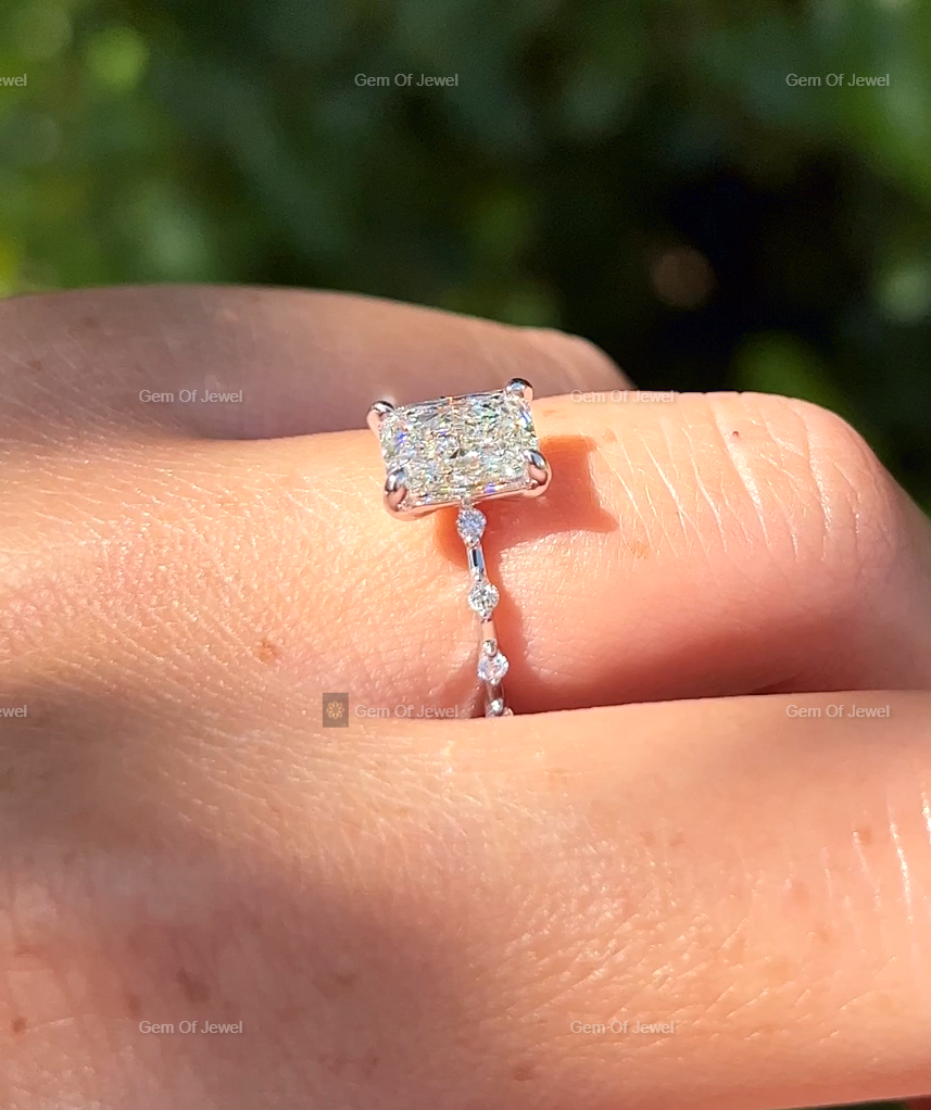 Radiant Moissanite Diamond Ring With Spaced Round Moissanite Diamond Band Solid Gold Ring, Radiant Moissanite Diamond Ring Gift For Her