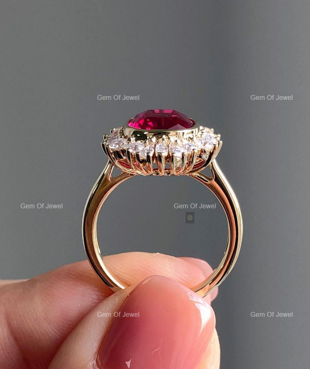Ruby Stone Cushion Shape Ring, Ruby Stone Statement Ring For Her, Red Ruby Stone Cushion Diamond With Side Round Moissanite Diamond Ring