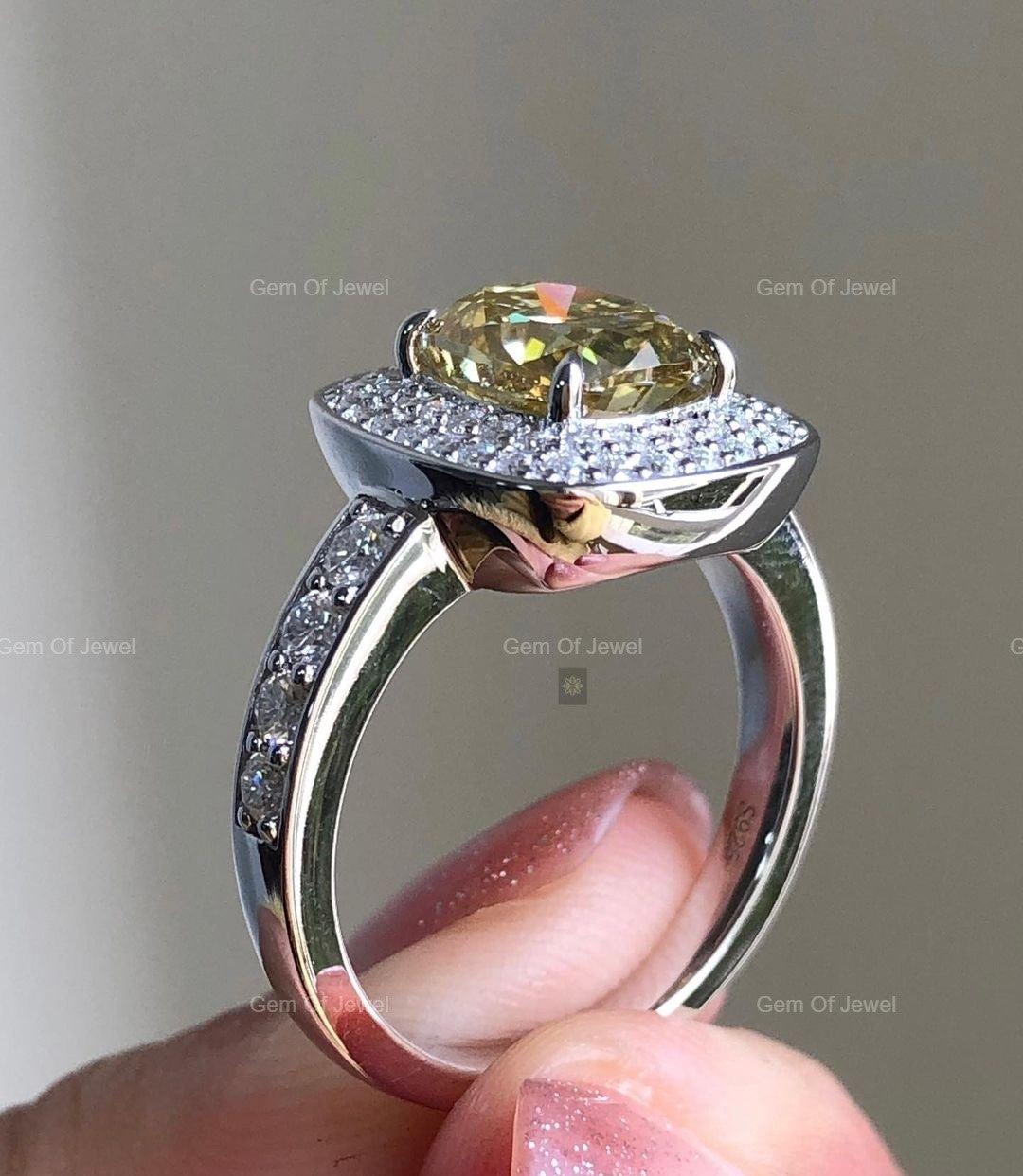 Yellow Moissanite Elongated Cushion Moissanite Diamond Ring With Pave Of Round Moissanite Diamond Engagement Ring, Yellow Moissanite Ring