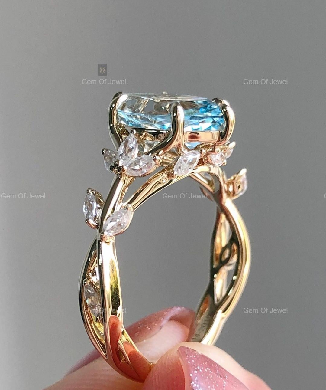 Rose Cut Marquise Diamond Ring ,Floral Leaf Ring With Side Marquise Moissanite Diamond Unique Fancy Ring For Her, Aquamarine Marquise Ring