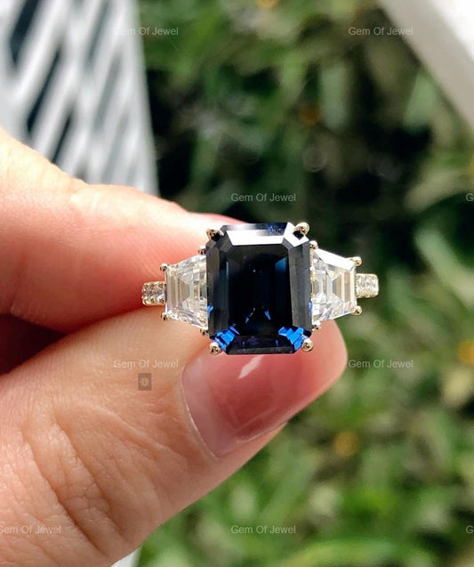 Blue Sapphire Diamond Three Stone Ring with Side Trapezoid Moissanite Diamond Ring, Dark Blue Sapphire Three Stone Diamond Ring Gift For Her