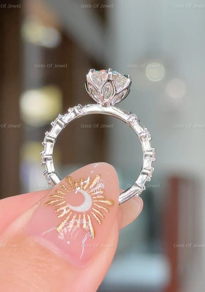 2CT Lotus Prong Round Moissanite Diamond Ring With Floating Bubble Band With Six Prong Lotus Petal Prongs, 2CT Round Moissanite Diamond Ring