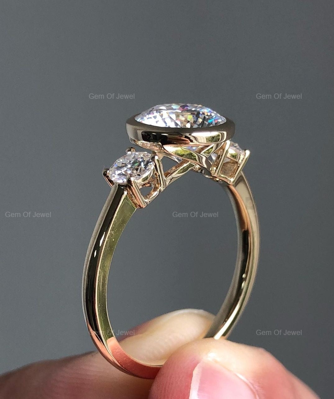 Portugese Cut Moissanite Diamond Three Stone Ring With Side Round Cut Diamond Bezel Set Ring, Portuguese Moissanite Diamond Ring For Her