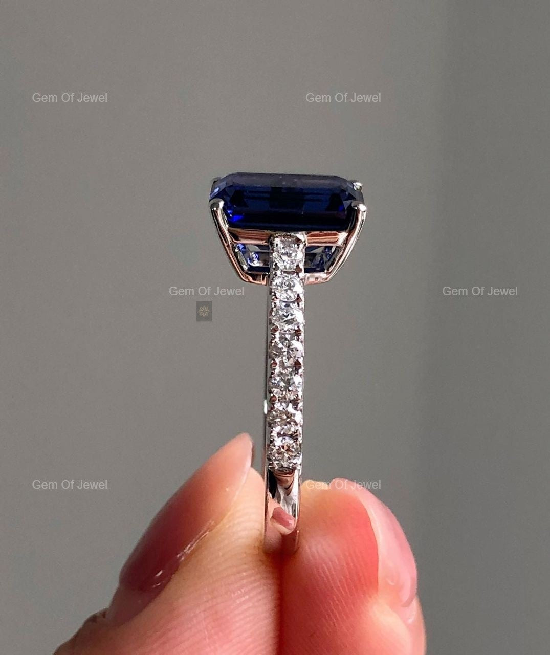Blue Sapphire Emerald Diamond Ring with Side Round Moissanite Diamond Ring, Dark Blue Sapphire Emerald Diamond Ring Gift For Her