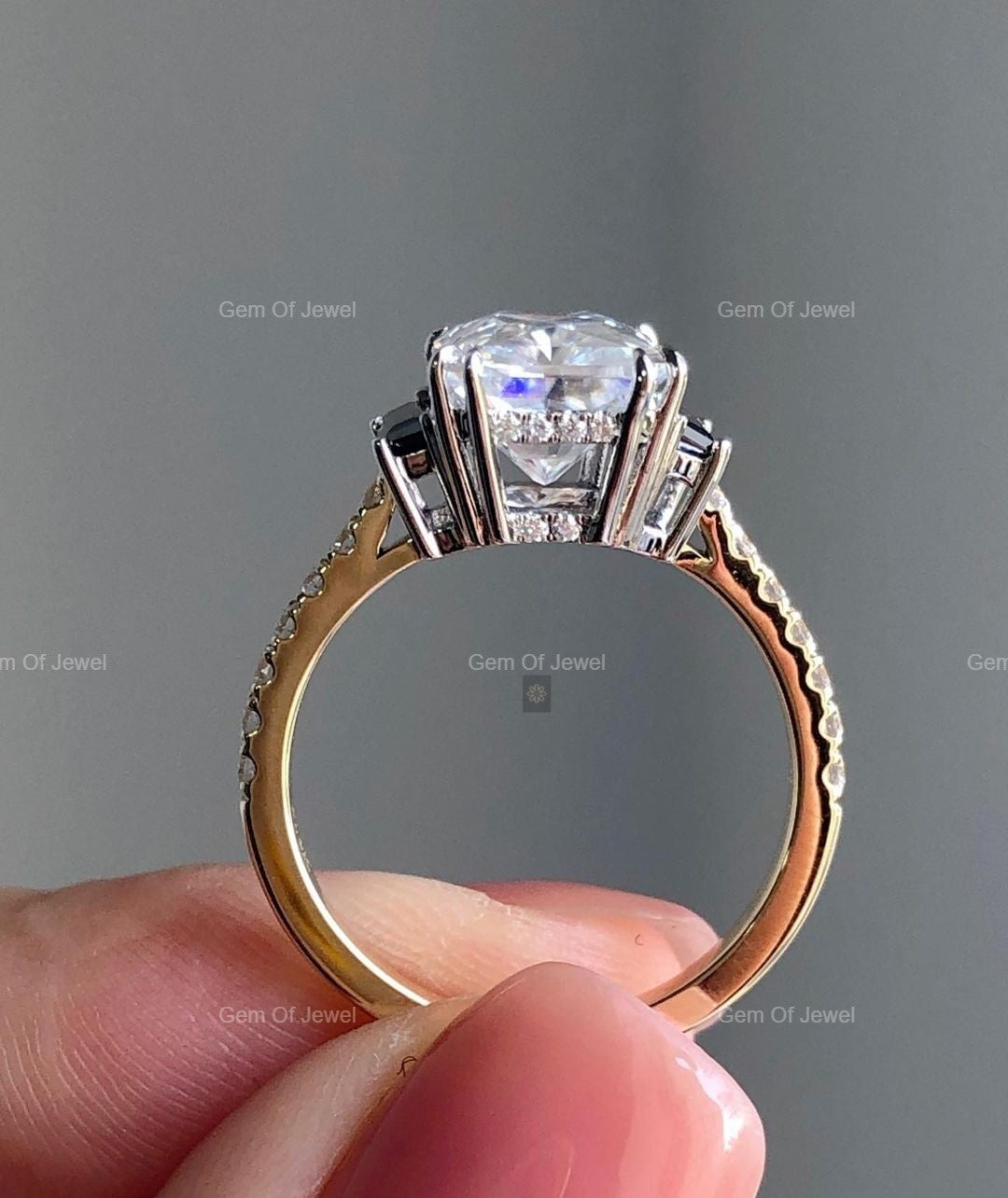 Radiant Cut Diamond Ring With Side Black Tapered Baguette Moissanite Two Tone Gold Diamond Ring, Radiant Diamond Ring, Radiant Cut Ring