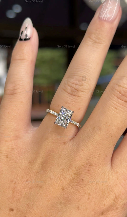 Two Tone Gold Radiant Cut Diamond Ring With Halo Of Round Moissanite Diamond And Pave Diamonds, Solid Gold Ring, Radiant Cut Diamond Ring