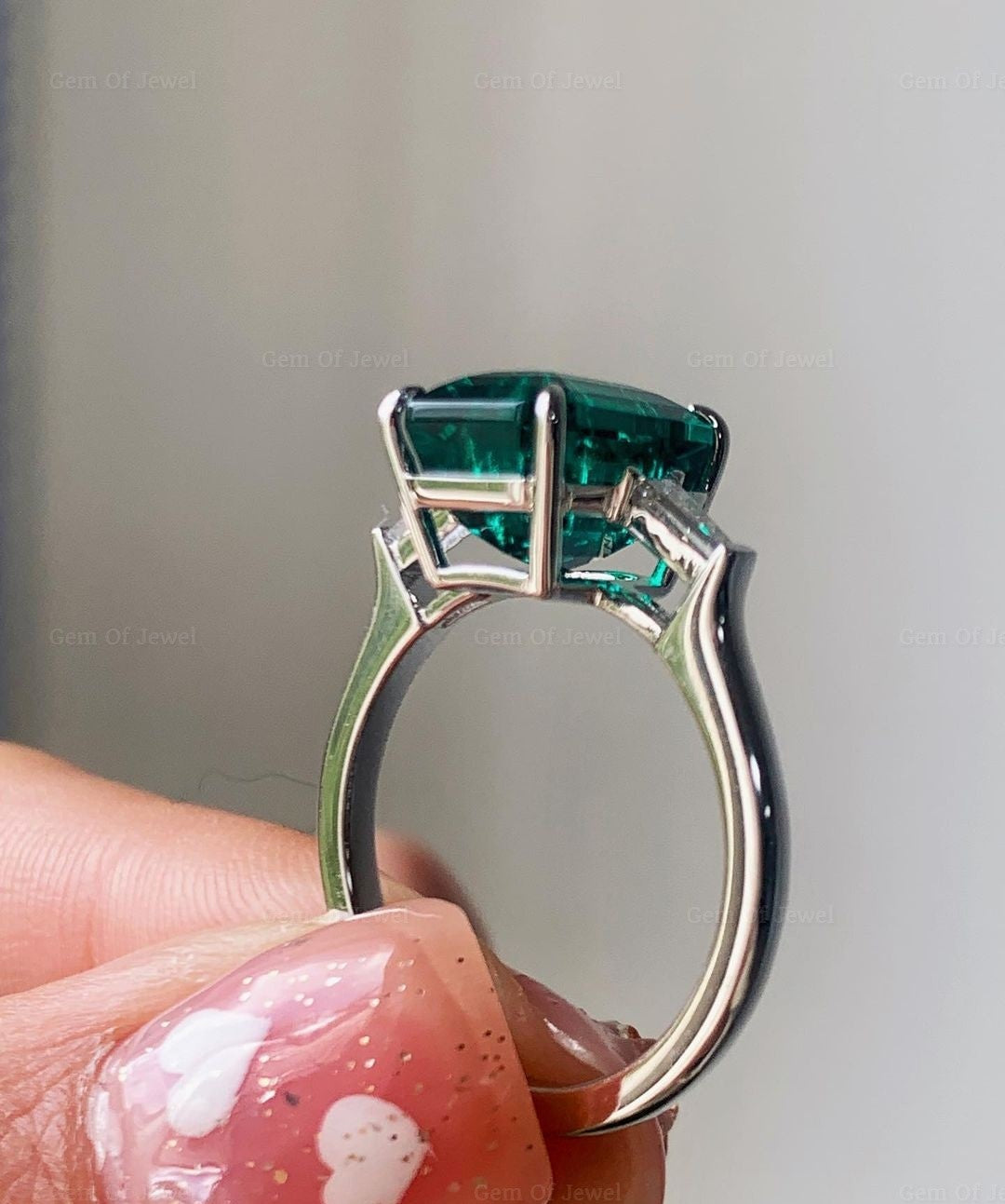 Green Emerald Diamond Three Stone Engagement Ring with Side Tapered Baguette Diamond Ring, Green Lab Diamond Emerald Three Stone Ring Gift