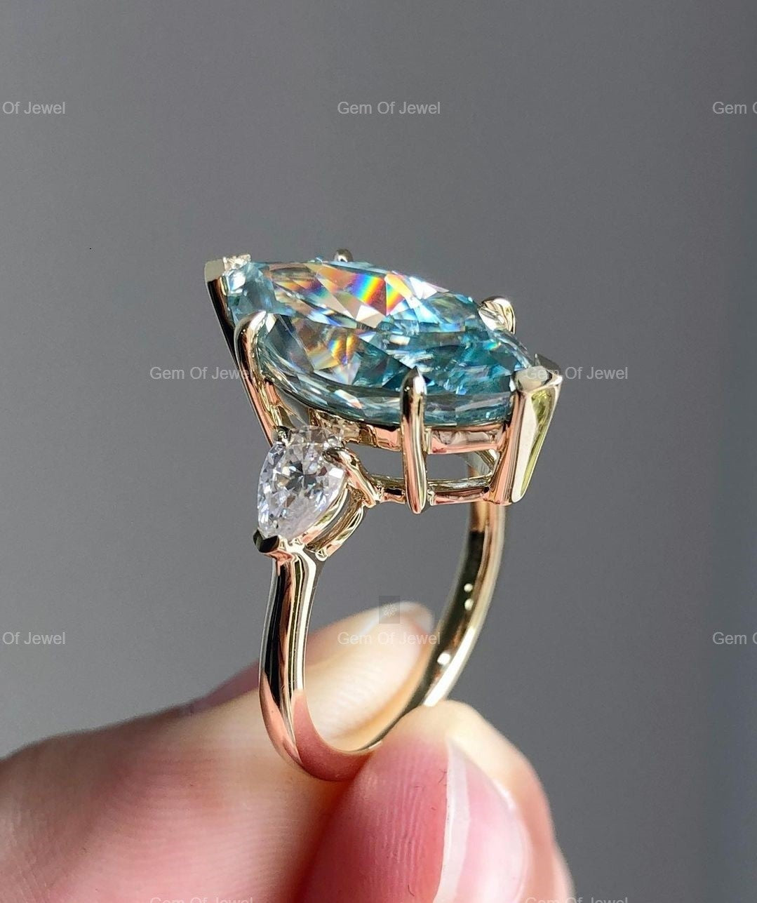 Marquise Green Moissanite Diamond Ring, Three Stone Marquise Moissanite Diamond Fancy Ring For Her, Green Moissanite Engagement Diamond Ring