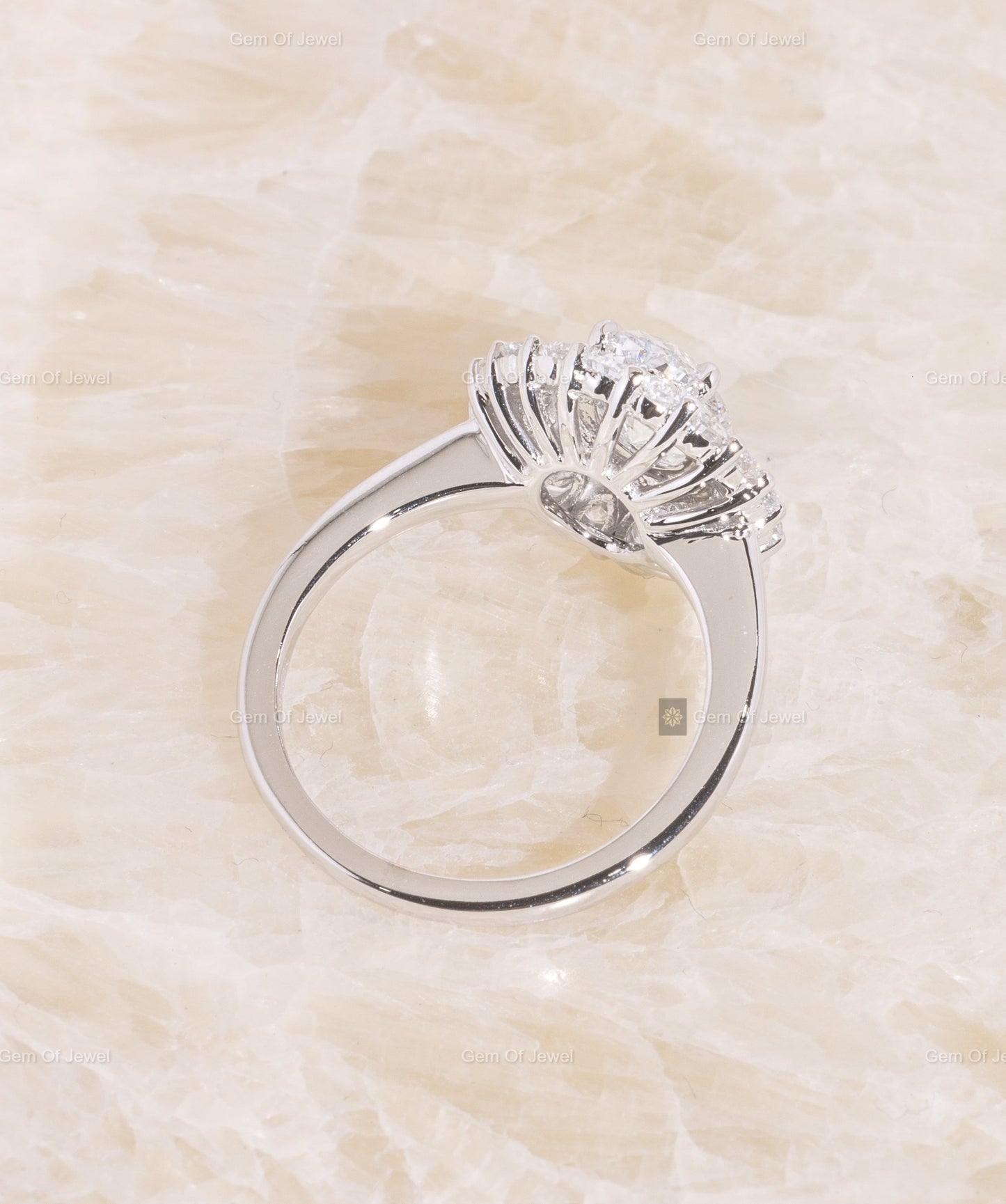 1CT Oval Moissanite Diamond With Halo Of Pear And Round Diamond Flower Shape Ring, Oval Moissanite Diamond With Pear Moissanite Diamond Ring