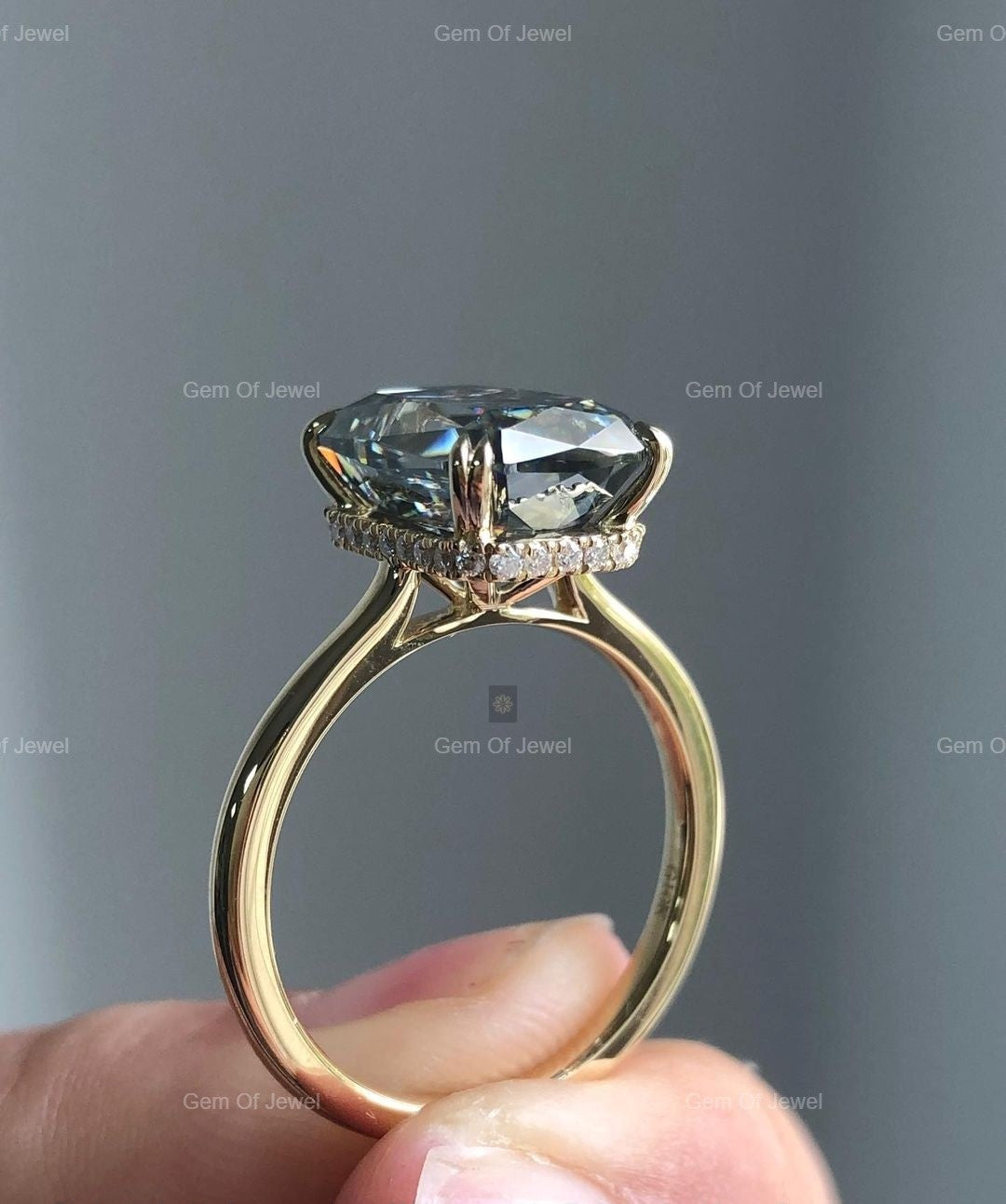 Criss Cut MoissaniteDark Gray Moissanite Diamond Halo Ring, Gray Diamond Criss Cut Ring With Halo And Double Claw Prong, Gray Diamond Ring