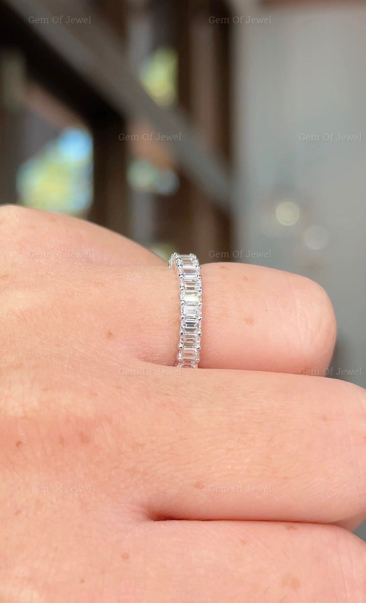 Emerald Moissanite Half Eternity Wedding Ring, Emerald Diamond Moissanite Wedding Band, Emerald Diamond Matching Band, 3mm Diamond Band