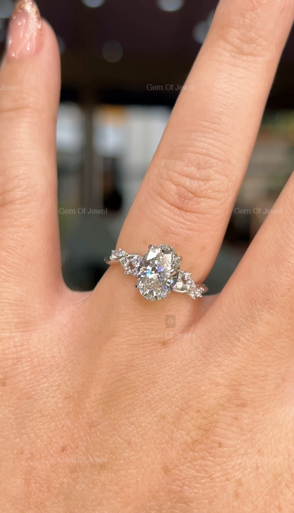 Oval Diamond Moissanite Ring With Flower Shape Pave Engagement Ring For Her, Oval Flower Shape Ring, Oval Moissanite Diamond Engagement Ring