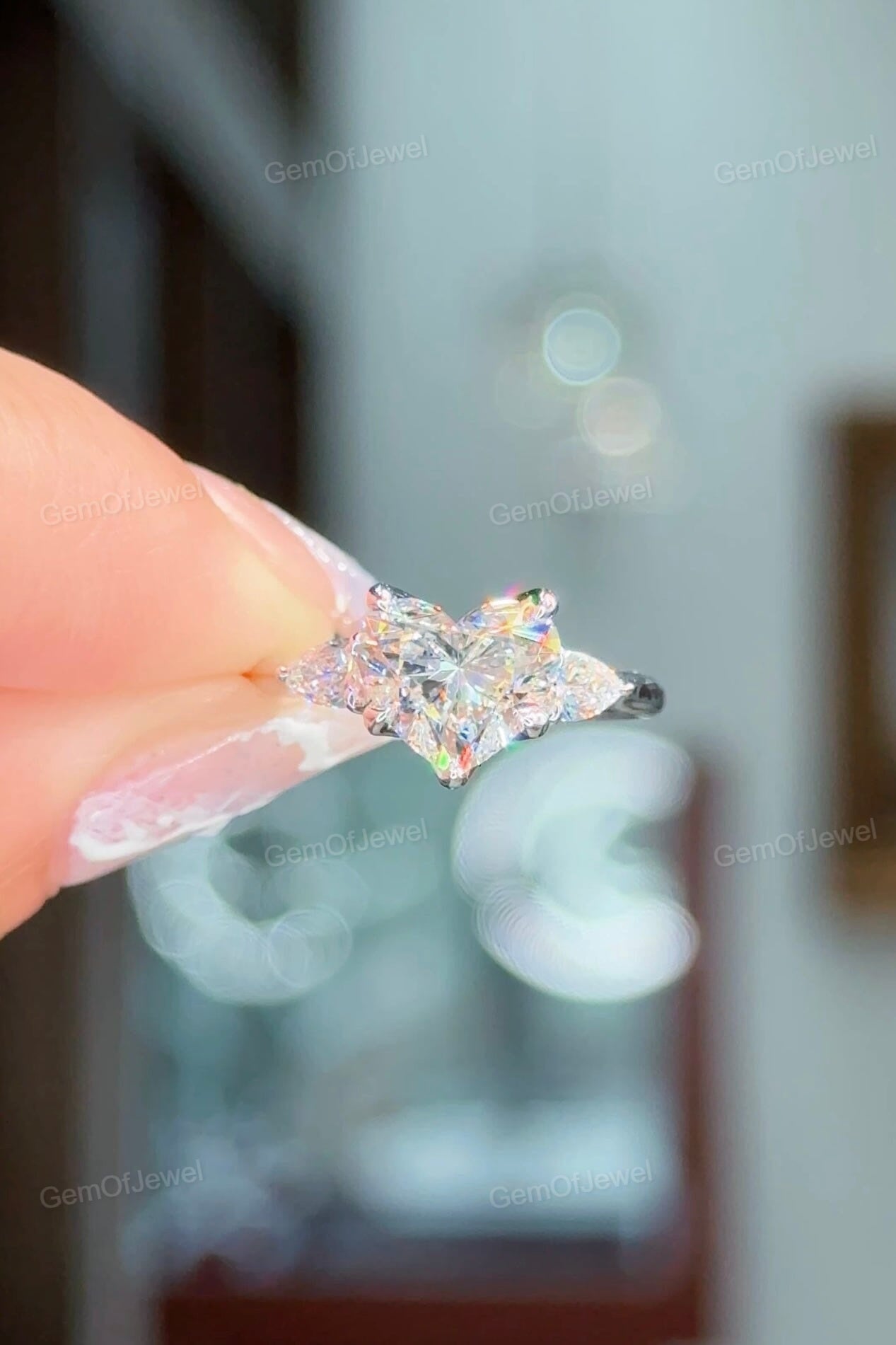 Heart Cut Moissanite Diamond With Pear Moissanite Three Stone Diamonds Ring, Lotus Prong And Tulip Prong Moissanite Diamond Ring, 2ct Ring