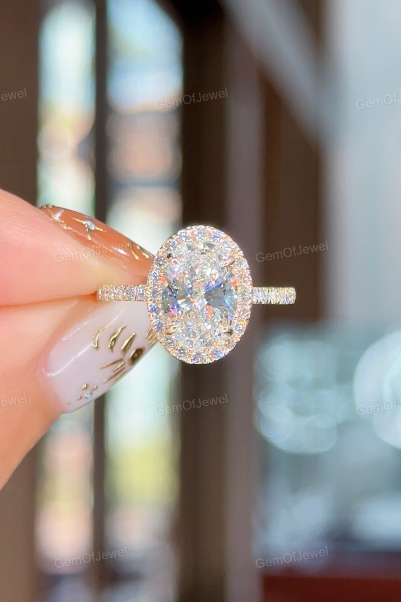 Oval Moissanite Diamond Engagement Ring with Halo & Diamonds On Prong Set, Oval Moissanite 2.5CT Diamond Halo Ring, Oval Cut Moissanite Ring