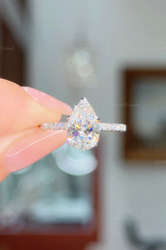 2CT Pear Diamond Moissanite Engagement Ring, With Prong On Diamond With Diamonds On Bridge With Pave Eternity Band Ring, Pear Halo Ring