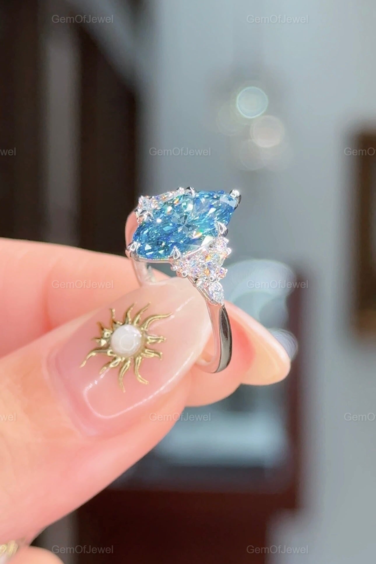 Fancy Vivid Blue Marquise Lab Sapphire Ring with Side Moissanite Diamond Stones Engagement Ring, 1 CT Marquise Blue Lab Diamond Ring For Her
