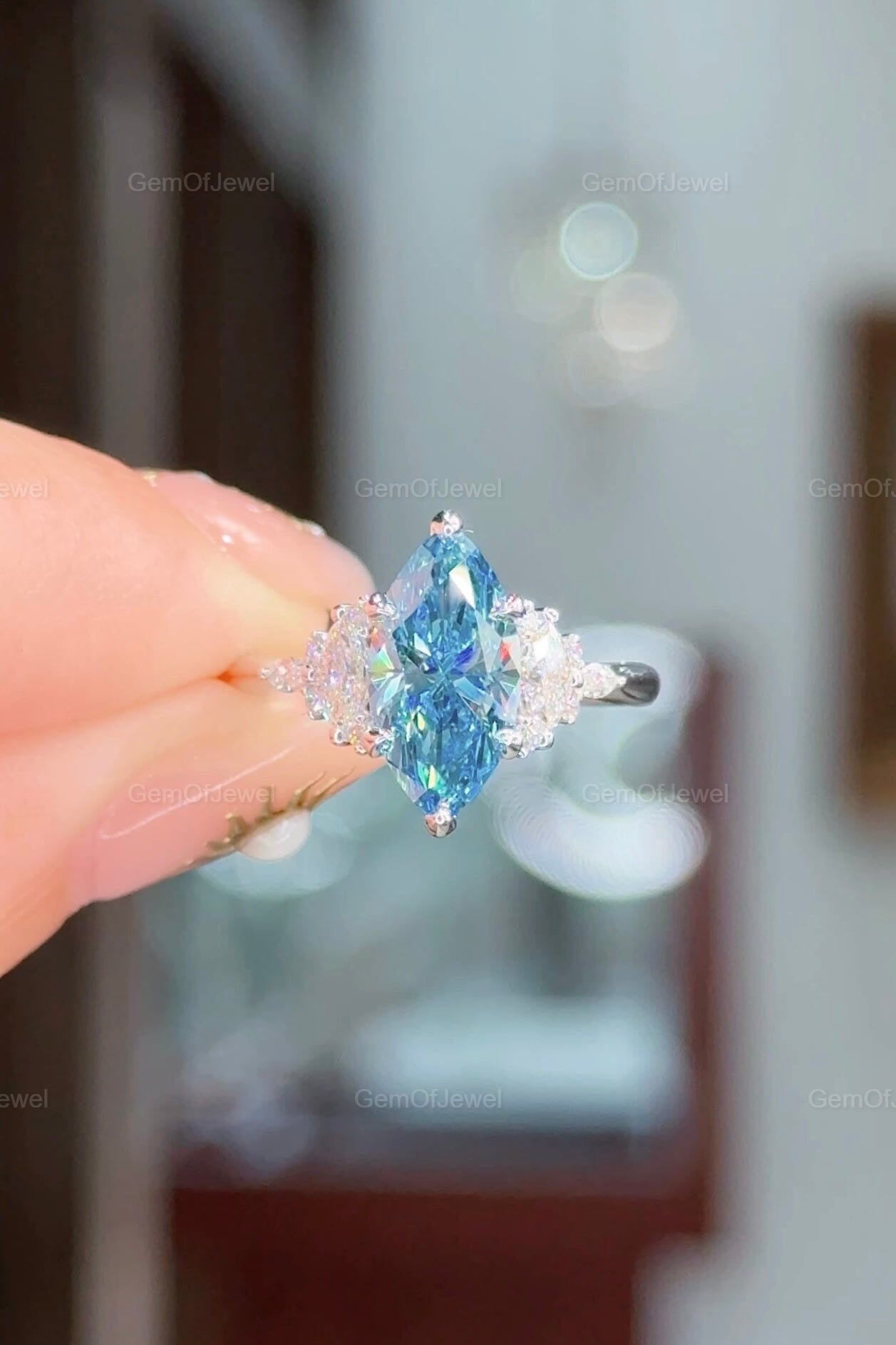 Fancy Vivid Blue Marquise Lab Sapphire Ring with Side Moissanite Diamond Stones Engagement Ring, 1 CT Marquise Blue Lab Diamond Ring For Her