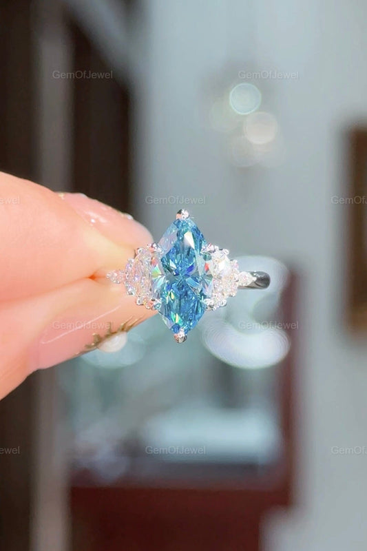 Fancy Vivid Blue Marquise Lab Sapphire Ring with Side Moissanite Diamond Stones Engagement Ring, 1 CT Marquise Blue Lab Diamond Ring For Her