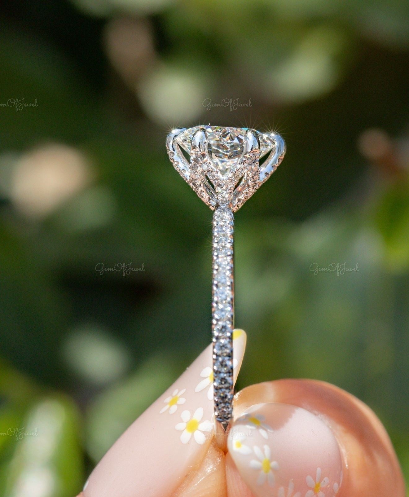 Round Diamond Ring Moissanite White Gold Moissanite Engagement Ring With Diamond Stud Prong 3/4 Eternity Diamond Wedding Ring For Her
