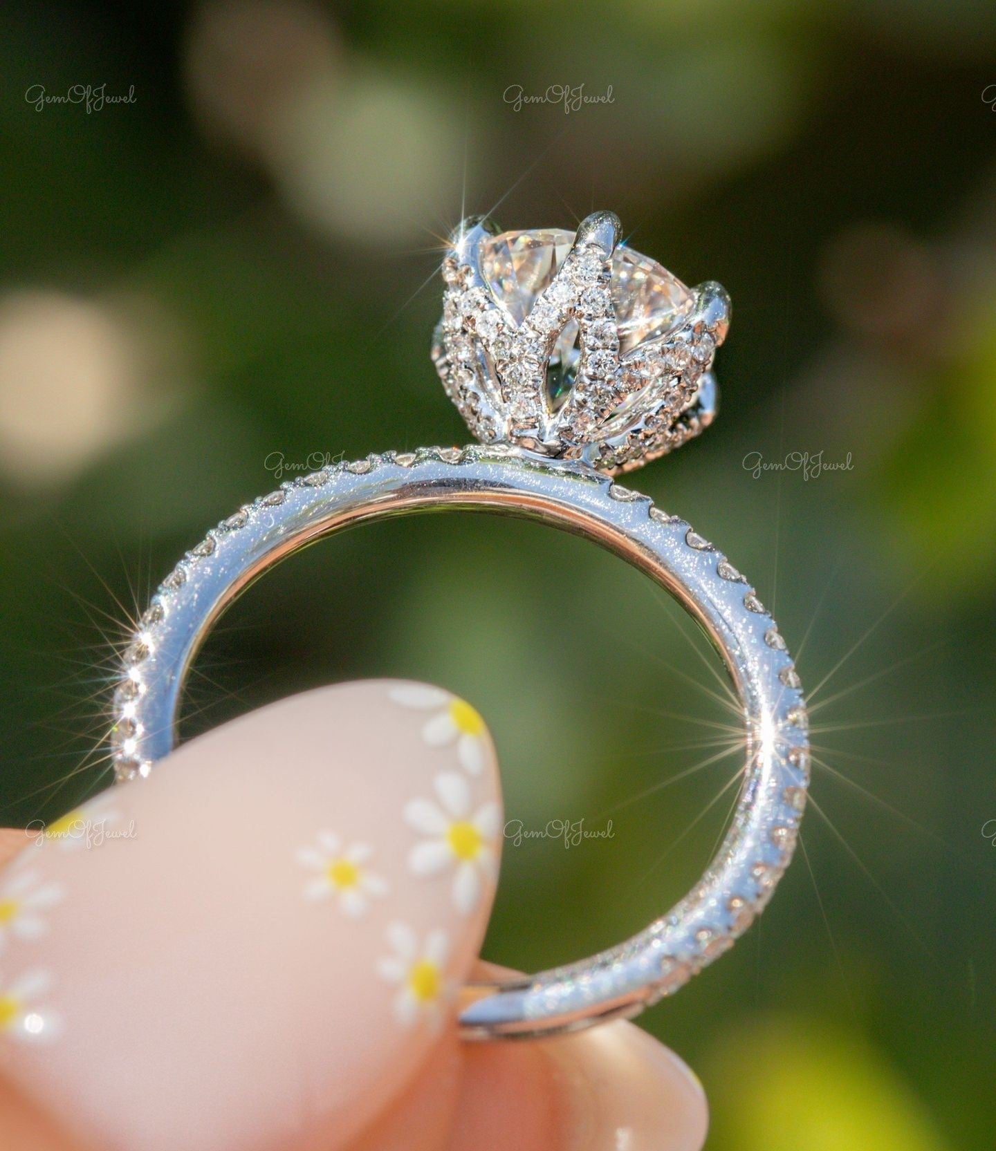 Round Diamond Ring Moissanite White Gold Moissanite Engagement Ring With Diamond Stud Prong 3/4 Eternity Diamond Wedding Ring For Her