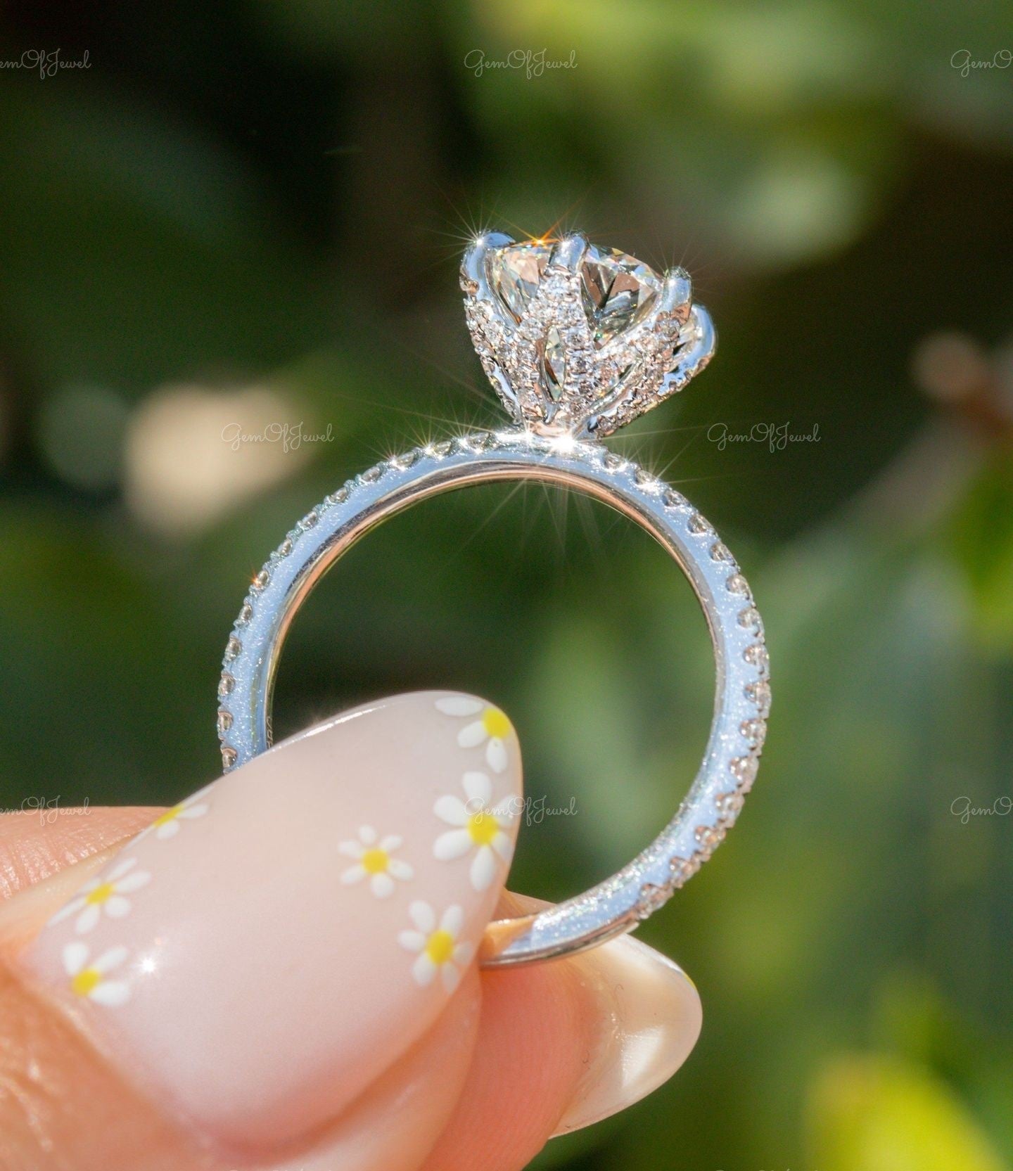 Round Diamond Ring Moissanite White Gold Moissanite Engagement Ring With Diamond Stud Prong 3/4 Eternity Diamond Wedding Ring For Her