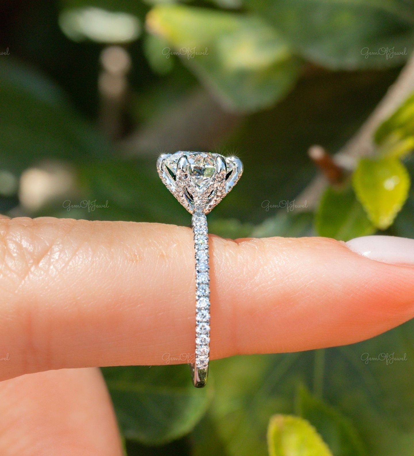 Round Diamond Ring Moissanite White Gold Moissanite Engagement Ring With Diamond Stud Prong 3/4 Eternity Diamond Wedding Ring For Her