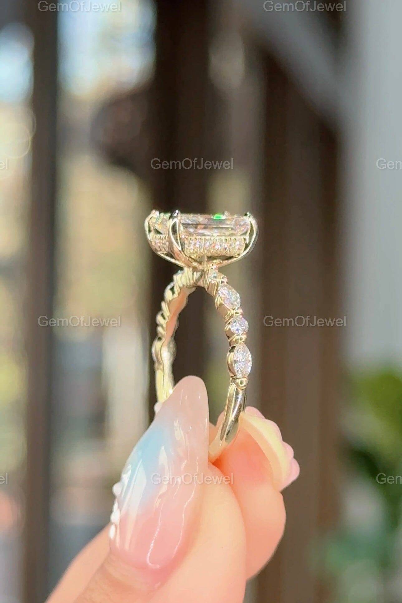 Radiant Diamond Moissanite Vintage Ring With Halo Of Round And Marquise Moissanite Diamond And Bubble Band, Radiant Moissanite Halo Ring