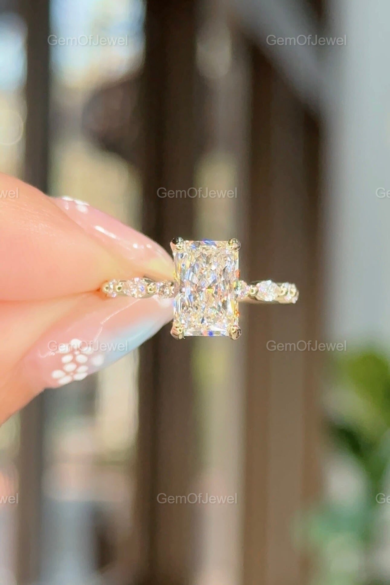 Radiant Diamond Moissanite Vintage Ring With Halo Of Round And Marquise Moissanite Diamond And Bubble Band, Radiant Moissanite Halo Ring