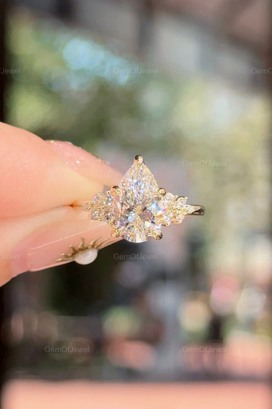 Pear Shape Moissanite Engagement Cluster Ring, Yellow Gold Moissanite Ring, Pear Diamond Cluster Ring, Unique Anniversary Ring For Women