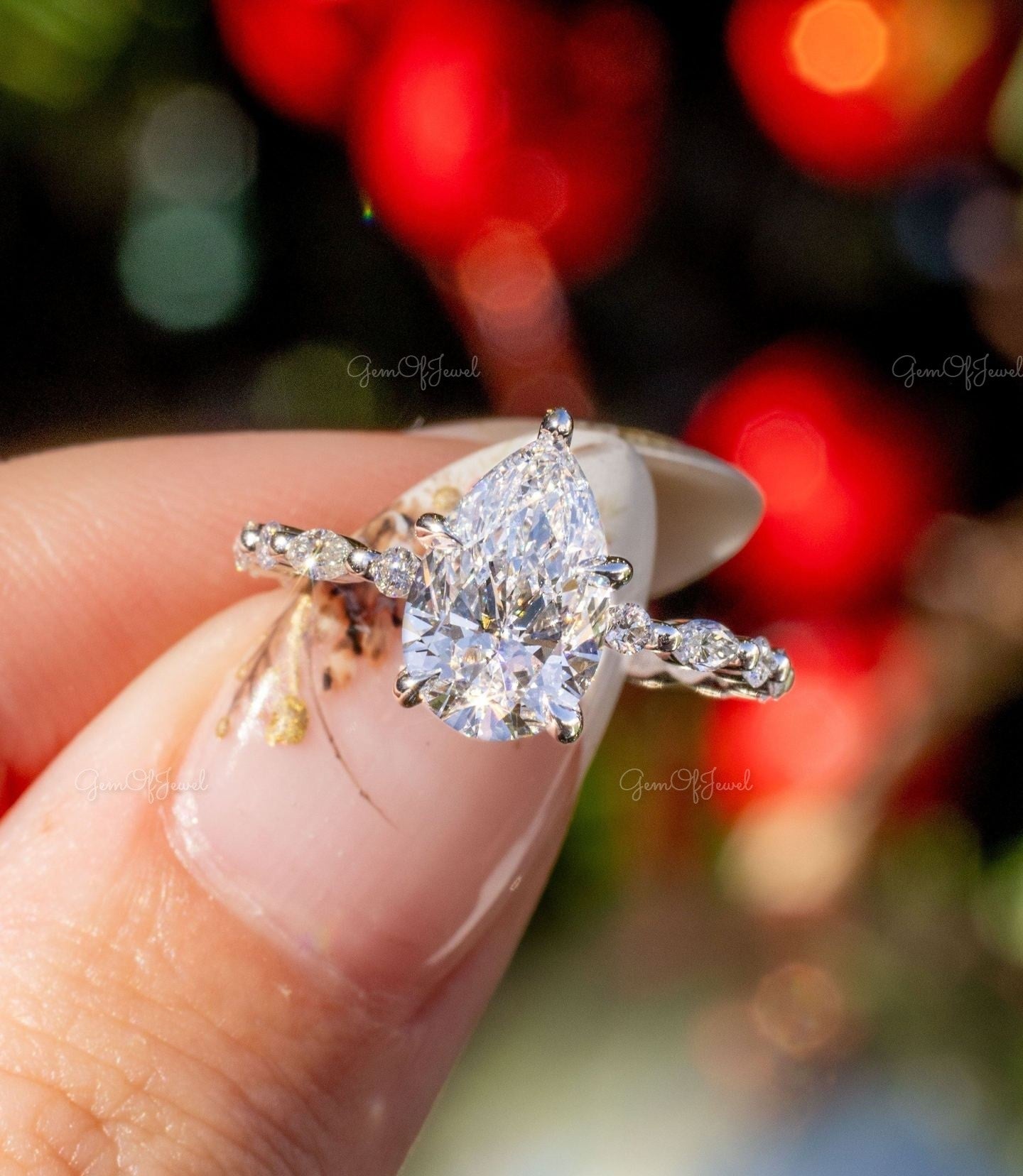 Pear Diamond Moissanite Engagement Ring Engagement With Round And Marquise Diamond On Eternity, Pear Moissanite Diamond Ring Gift For Her