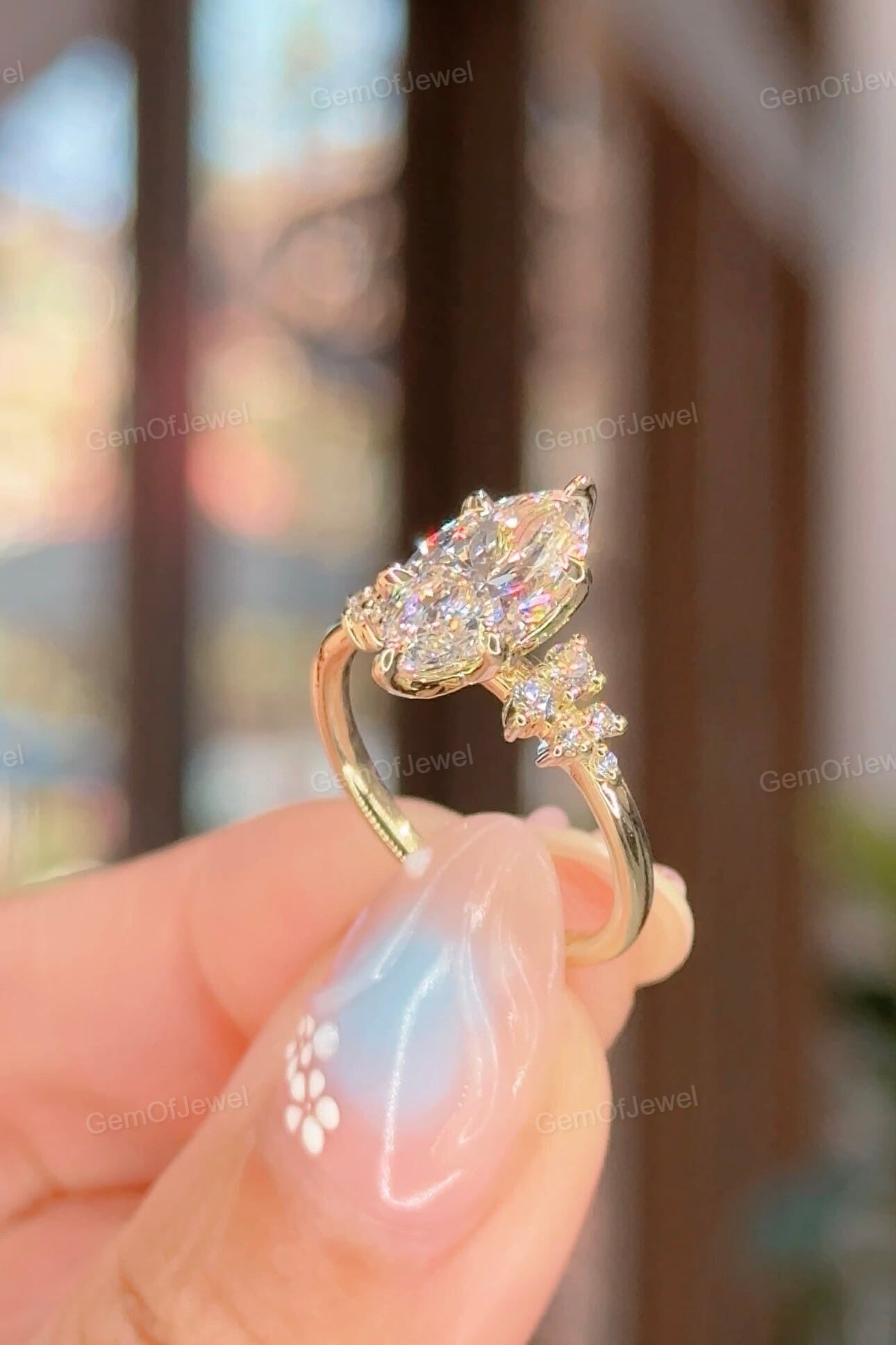 2CT Marquise Ring With Side Round Moissanite Diamond, 2CT Lotus Prong Diamond Ring For Her, Petal Prong Ring, Elegant 2CT Marquise Ring Gift