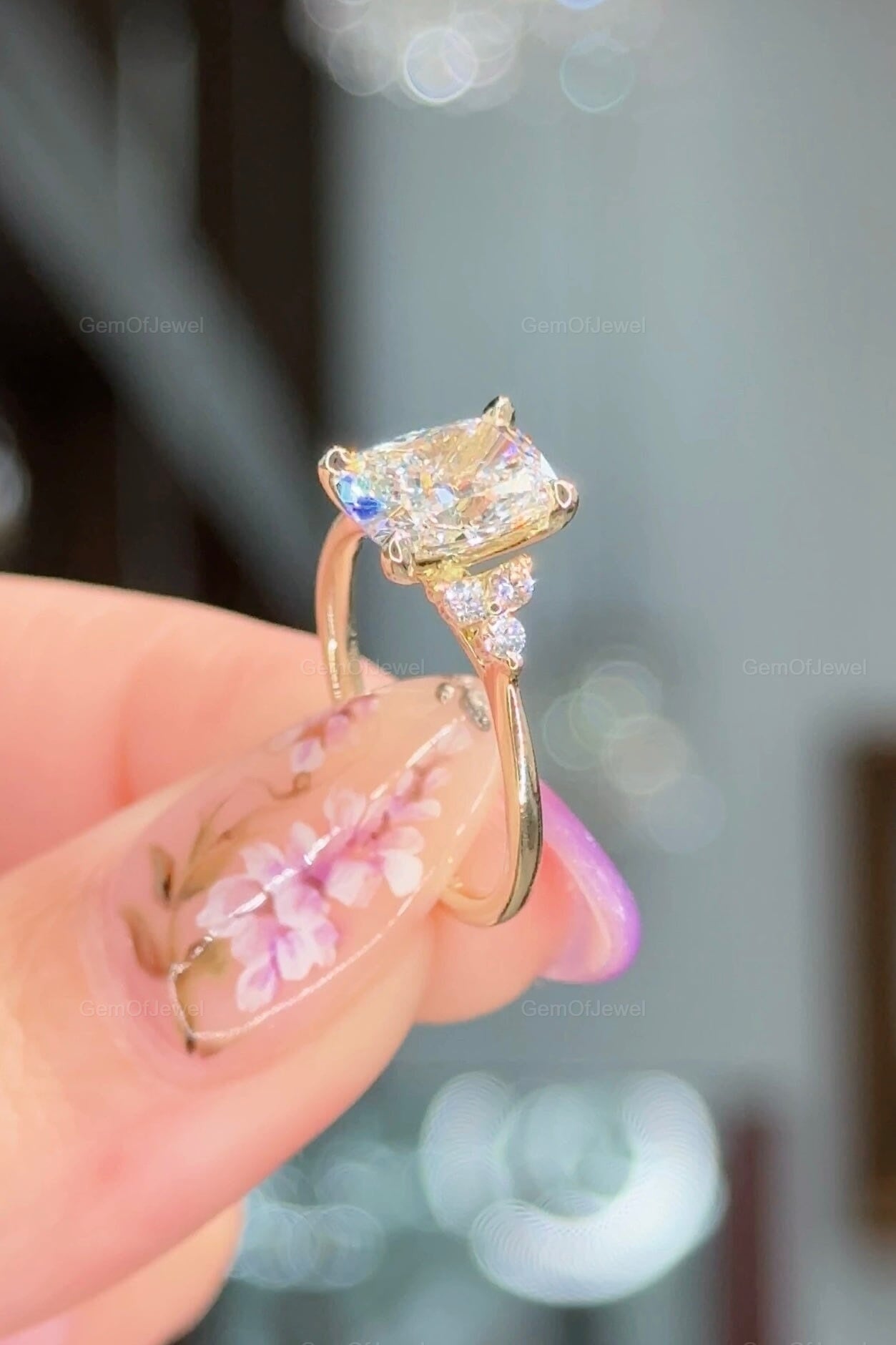 Cushion Engagement Ring, 2CT Cushion Colorless Moissanite Ring, Side Round Colorless Moissanite, Proposal Wedding Ring, Cushion Diamond Ring