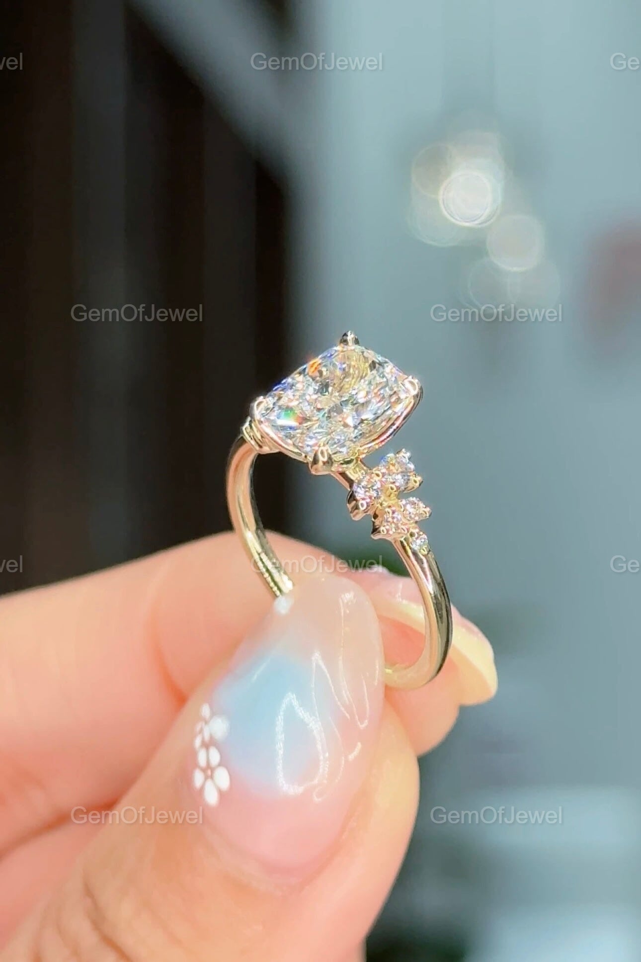 2CT Cushion Diamond Moissanite Ring With Side Round Moissanite Diamond, 2CT Diamond Ring For Her, Cluster Setting Ring, 2CT Cushion Ring
