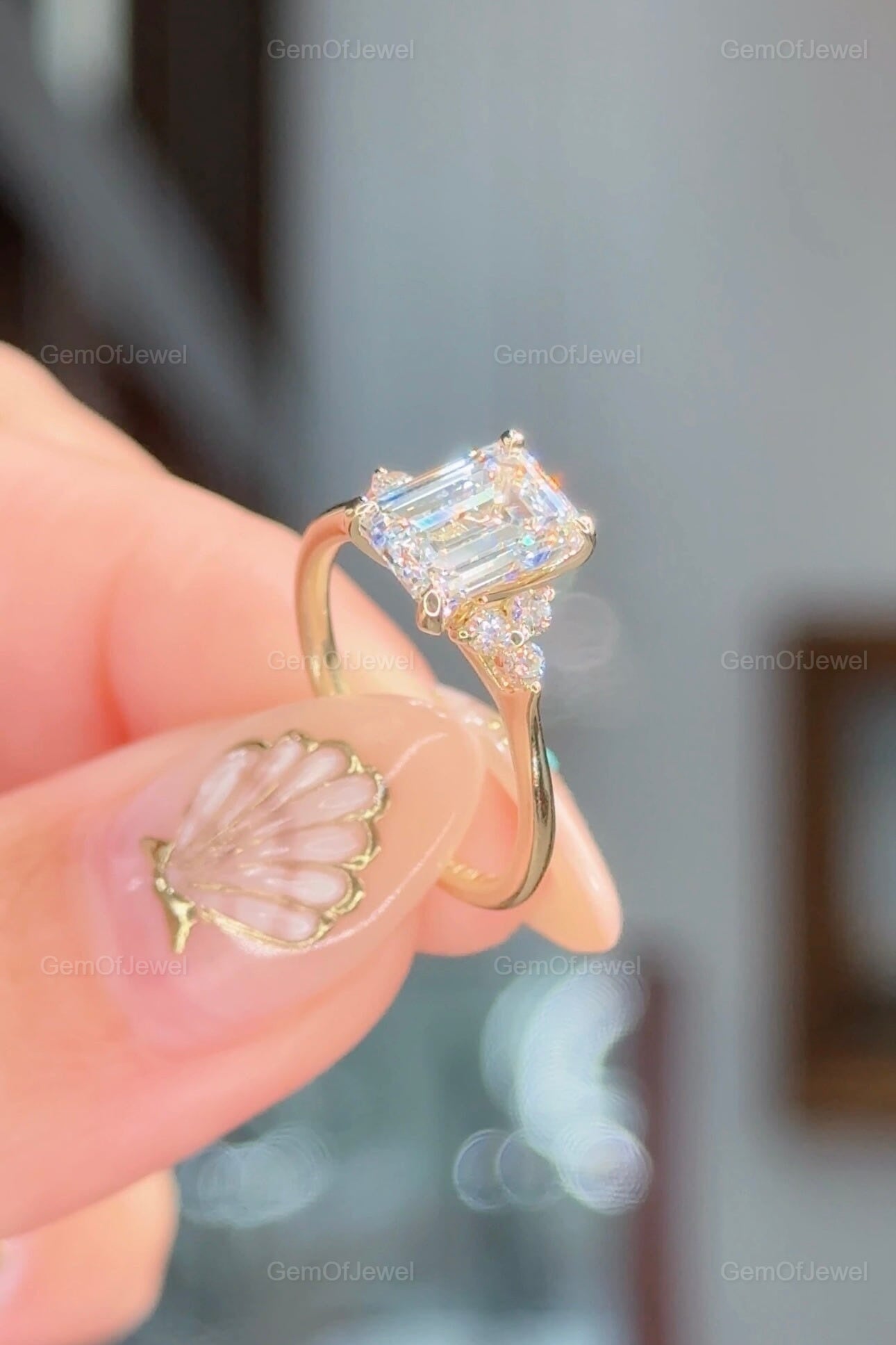 Emerald Moissanite Engagement Ring, Three Stone Wedding Ring With Side Round Diamond Ring, 2 CT Emerald Moissanite Diamond Solitaire Ring