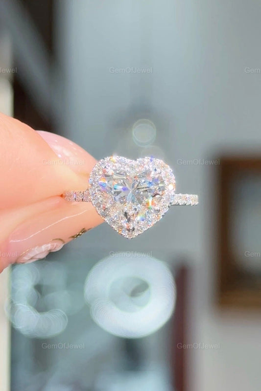 2CT Heart Diamond Moissanite Engagement Ring With Halo And Petal Prong Of Moissanite Diamonds Ring With Pave Eternity, Lotus Prong Ring