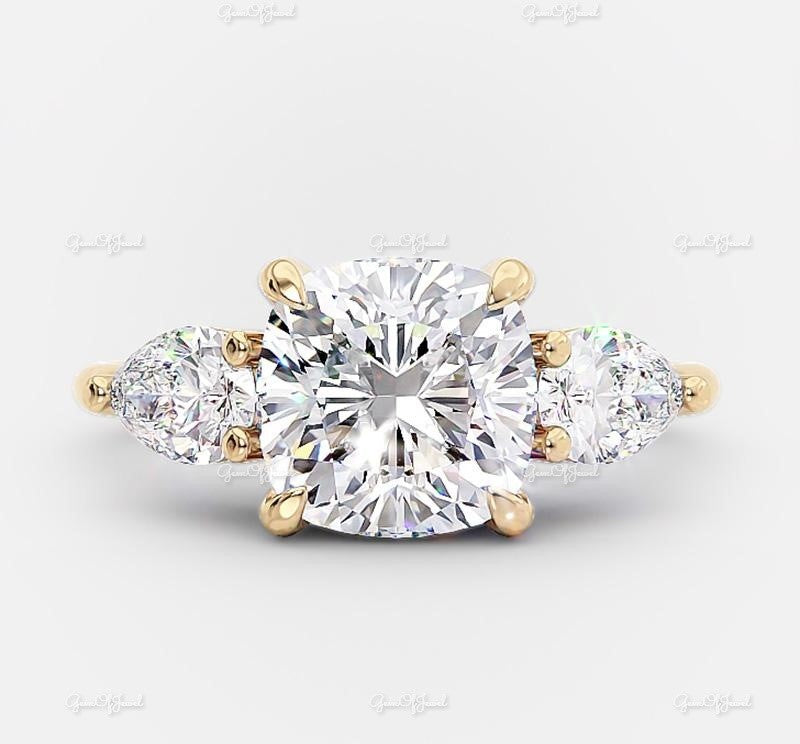 Cushion Moissanite Diamond 1.5CT With Side Pear Moissanite Diamond Three Stone ring For her, Cushion Moissanite Diamond Ring Gift For her