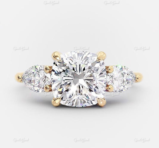 Cushion Moissanite Diamond 1.5CT With Side Pear Moissanite Diamond Three Stone ring For her, Cushion Moissanite Diamond Ring Gift For her