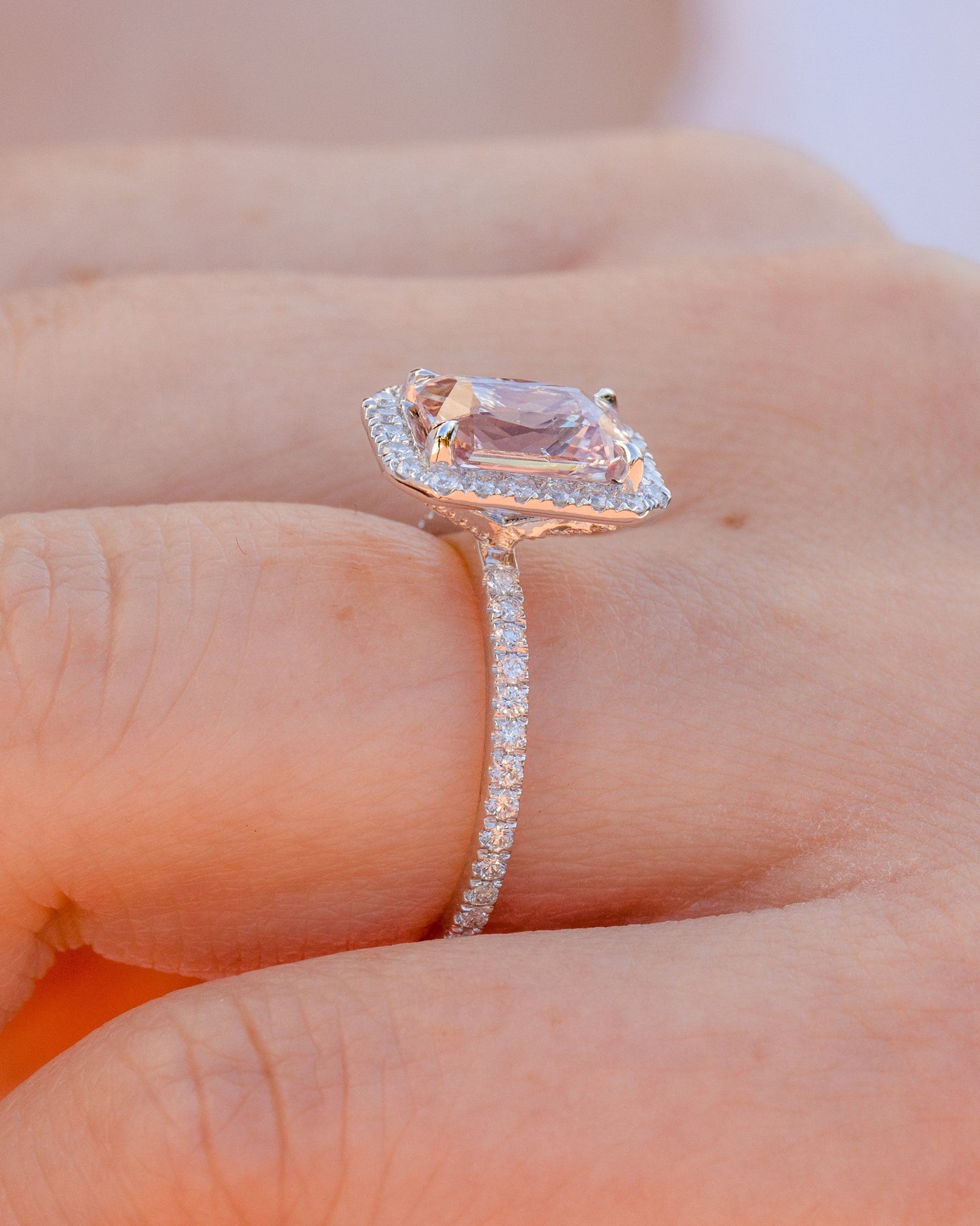 Radiant Cut Morganite Diamond Halo Ring, Morganite Diamond Ring, Radiant Cut Morganite Diamond Engagement Ring For Her, Pink Morganite Ring